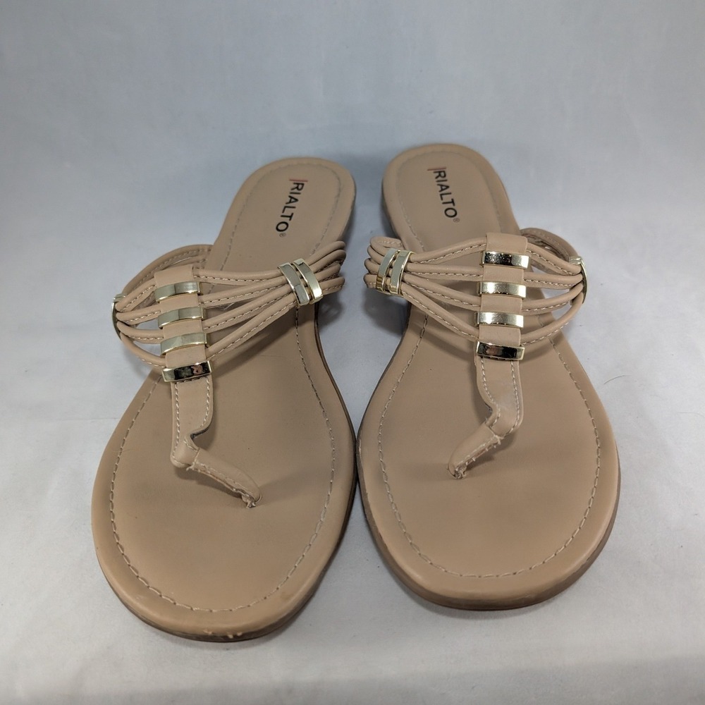 Rialto Women's Tan Thong Sandals Embellished Gold Accents‎ Flat Comfort Size 8.5
